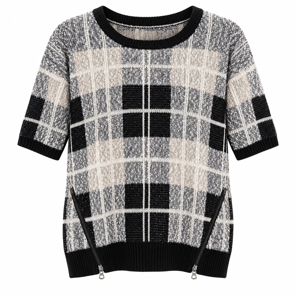 Lucky Brand Plaid Short Sleeve Sweater Black Grey Side Zip Edgy Grunge S